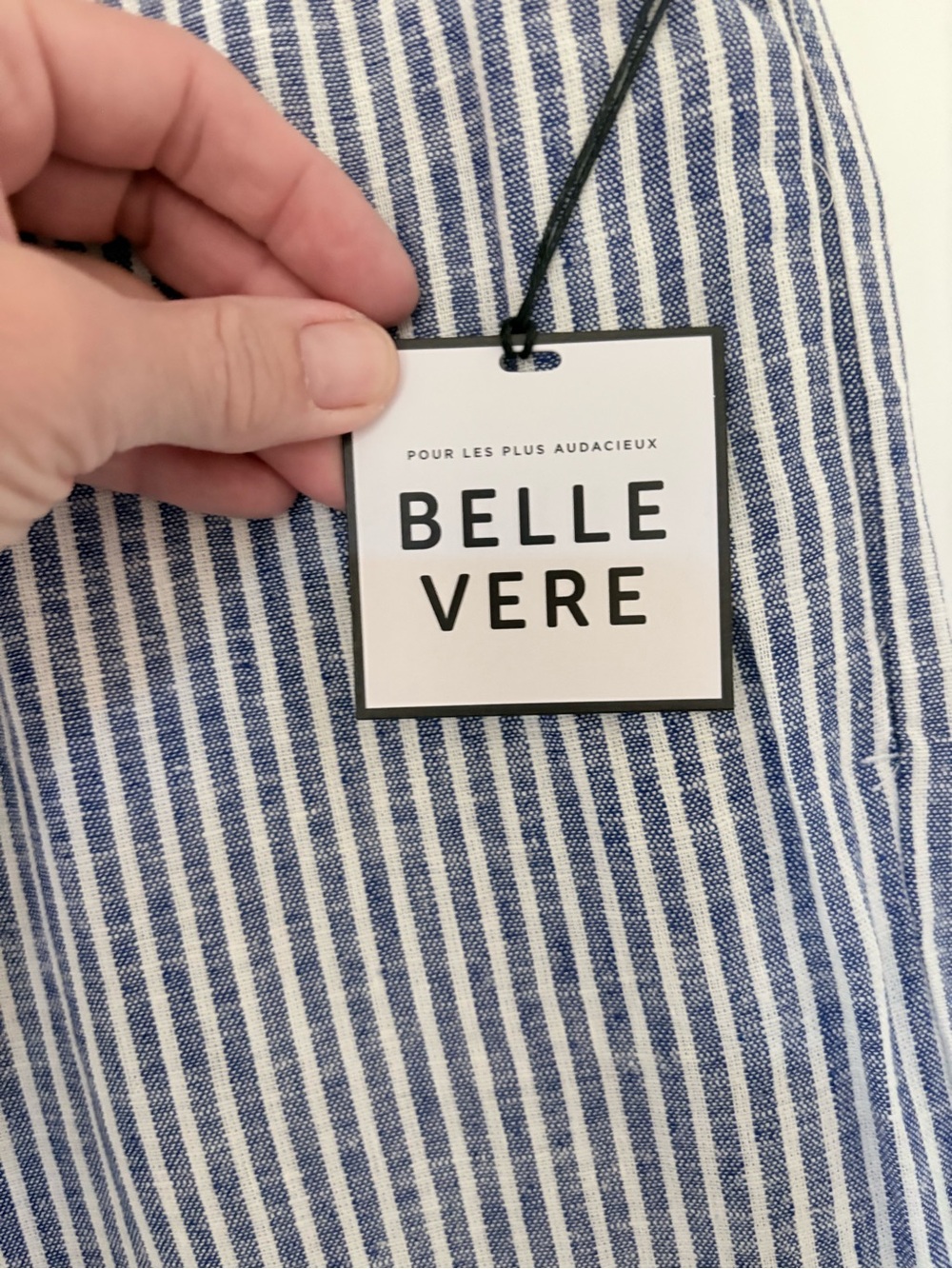 BELLE VERE Navy & White Striped Wide-Leg Pants with white linen top